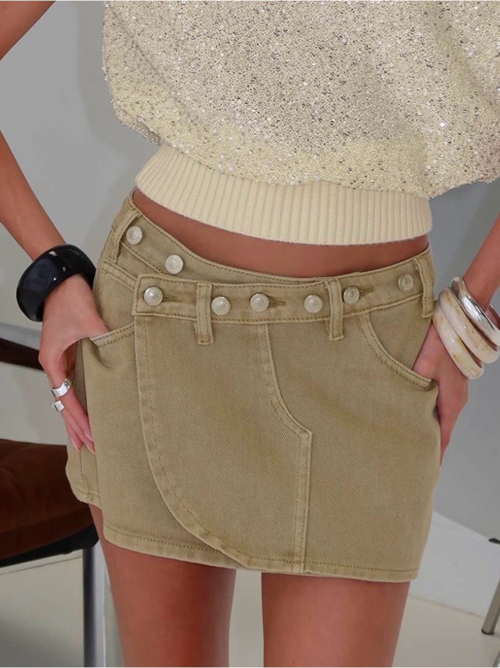 Princess Polly Button detail Mini Skirt washed beige